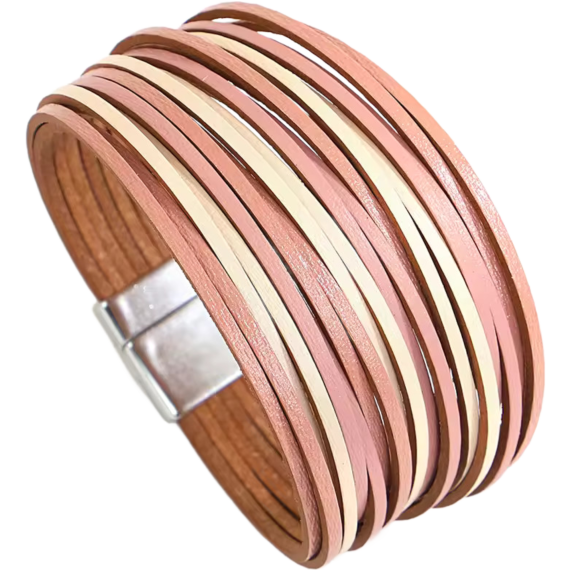 Trendy Leather Bracelet for Women Men Boho Multilayer Slim Strips Wrap Wide Bangle Bracelet, 7.7 Inch, Magnetic Clasp