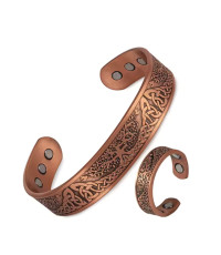 Pure Copper Celtic Tree Carved Cuff Bangle Bracelet and Ring Set, Adjustable With 6 Magnets 15-18cm