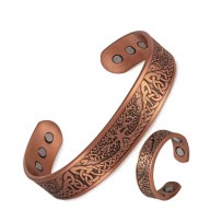 Pure Copper Celtic Tree Carved Cuff Bangle Bracelet and Ring Set, Adjustable With 6 Magnets 15-18cm