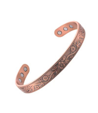 Pure Copper Flower Carved Cuff Bangle Bracelet, Adjustable 15-18cm With 6 Magnets