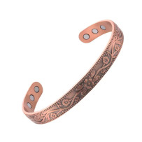 Pure Copper Flower Carved Cuff Bangle Bracelet, Adjustable 15-18cm With 6 Magnets