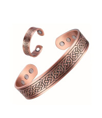 Pure Copper Celtic Carved Cuff Bangle Bracelet and Ring Set, Adjustable With 6 Magnets 15-18cm