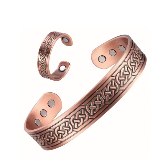 Pure Copper Celtic Carved Cuff Bangle Bracelet and Ring Set, Adjustable With 6 Magnets 15-18cm