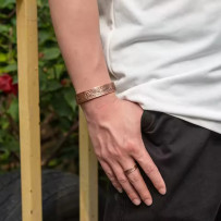 Pure Copper Celtic Tree Carved Cuff Bangle Bracelet and Ring Set, Adjustable With 6 Magnets 15-18cm