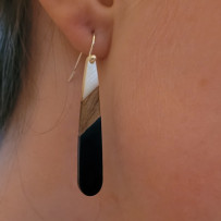 Vintage Style Teardrop Dangle Earrings, Black Resin and Wood, Hook Design