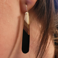 Vintage Style Teardrop Dangle Earrings, Black Resin and Wood, Hook Design