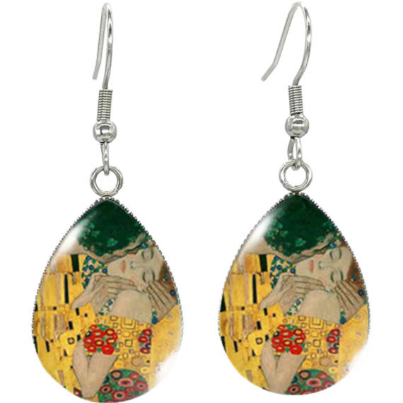 Gustav Klimt Art Collection The Kiss Teardrop Dangle Earrings, Vintage Style Gold and Green Art Print