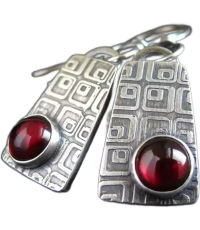 Vintage Silver Red Stone Dangle Earrings, Retro Metal Square Carving Pattern