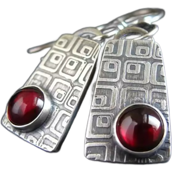 Vintage Silver Red Stone Dangle Earrings, Retro Metal Square Carving Pattern