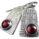 Vintage Silver Red Stone Dangle Earrings, Retro Metal Square Carving Pattern