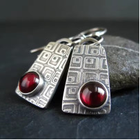 Vintage Silver Red Stone Dangle Earrings, Retro Metal Square Carving Pattern