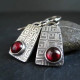 Vintage Silver Red Stone Dangle Earrings, Retro Metal Square Carving Pattern