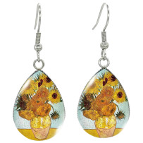Van Gogh Twelve Sunflowers Tear Drop Earring Geometric Art Fish Hook Glass Dome