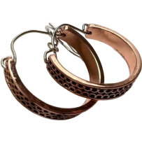 Vintage Half Round Hand Carved Pattern Earrings Ancient Red Copper