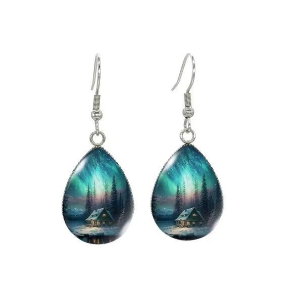 Aurora Borealis Cabin in the Woods Teardrop Earrings Fishhook