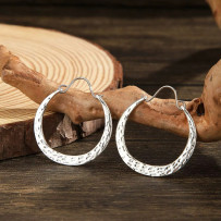 Vintage Style Hammered Silver Hoop Earrings, Textured Round Loop Design