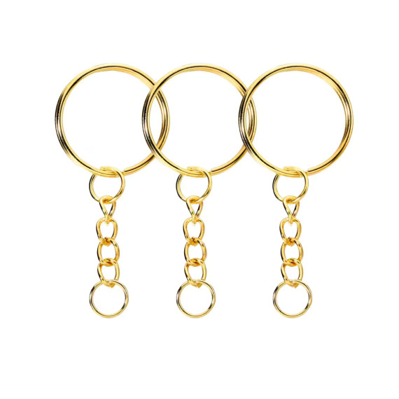 25mm Smooth Split Key Ring With Chain Bright Gold 5pk