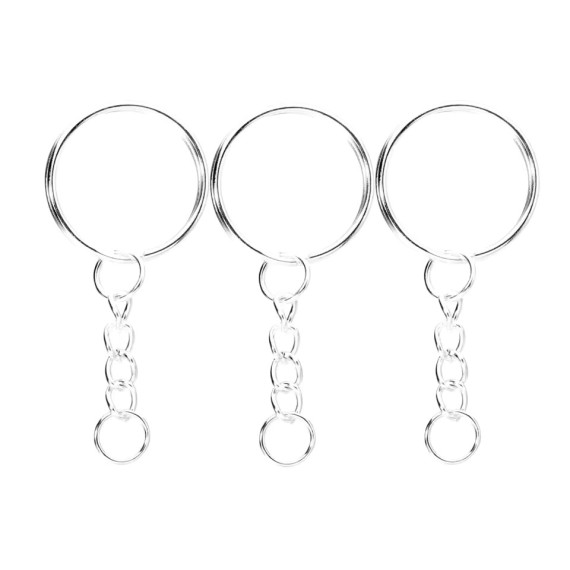 25mm Smooth Split Key Ring With Chain Silver 5pk