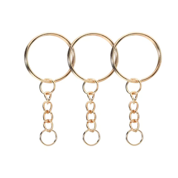 25mm Smooth Split Key Ring With Chain Gold 5pk