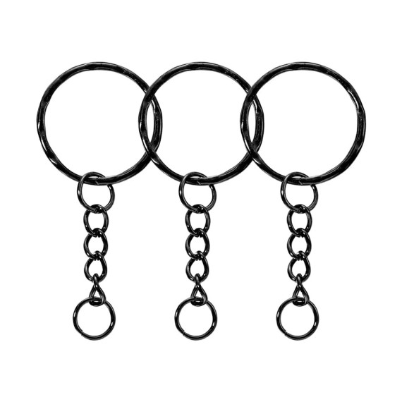 25mm Embossed Split Key Ring With Chain Black 5pk