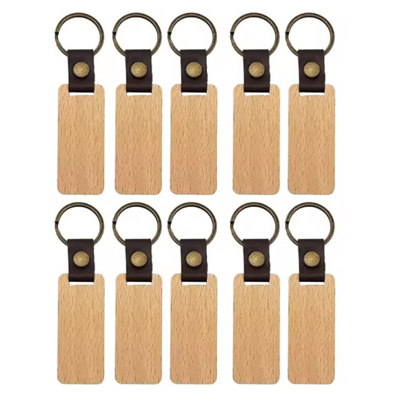Rectangular Beech Wood Keychain Blanks With Leather Strap 5pk